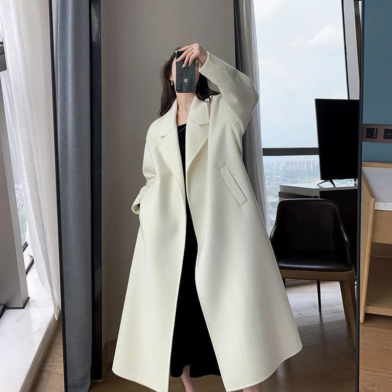 White Woolen Coat Women Autumn And Winter High-End Fashion Temperament Long Thick Blended Wool Windbreaker Female Jacket Belt 99