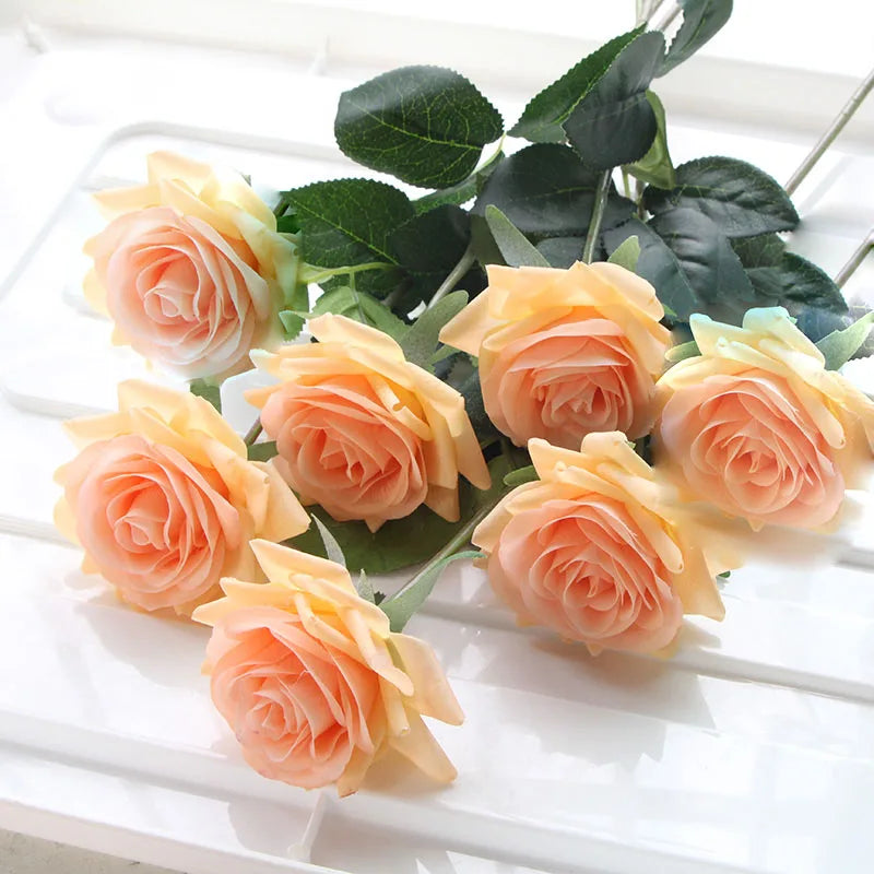 7 Pcs Real Touch Rose Branch Stem Latex Rose Hand Feel Felt Simulation Decorative Artificial Silicone Rose Flowers Home Wedding