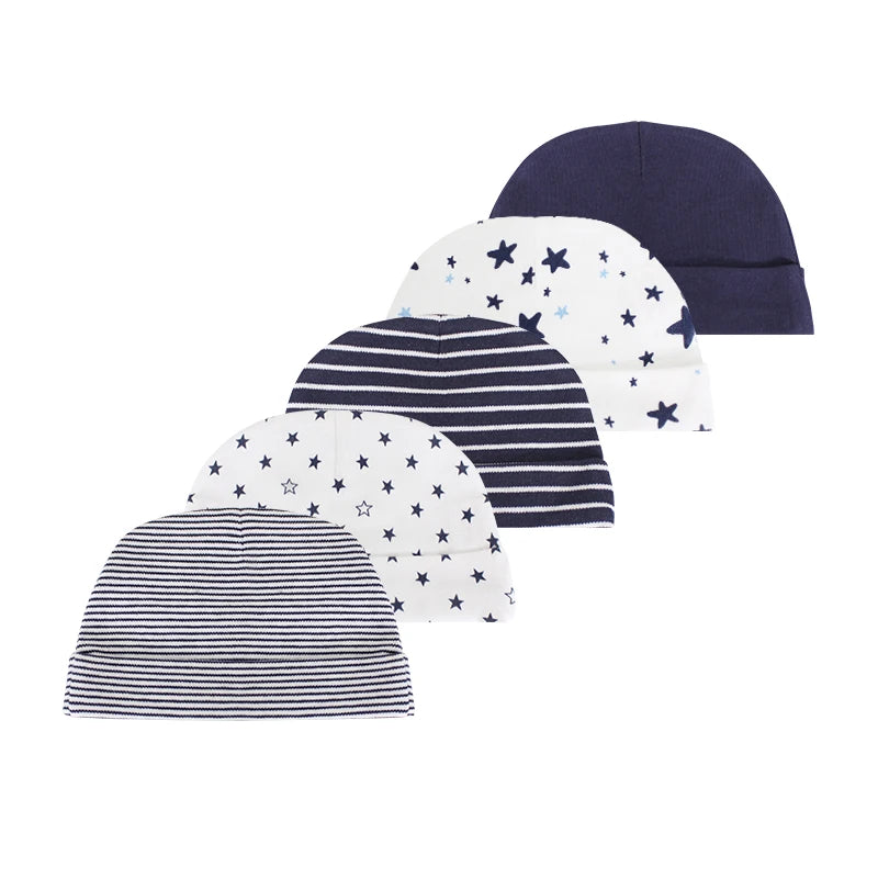 5Pieces Newborn Baby Boy Hats Cartoon Print 100%Cotton Baby Girls Hats 0-6Months Soft Solid Color Infant Accessories