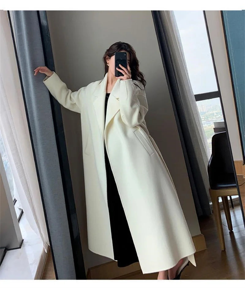 White Woolen Coat Women Autumn And Winter High-End Fashion Temperament Long Thick Blended Wool Windbreaker Female Jacket Belt 99