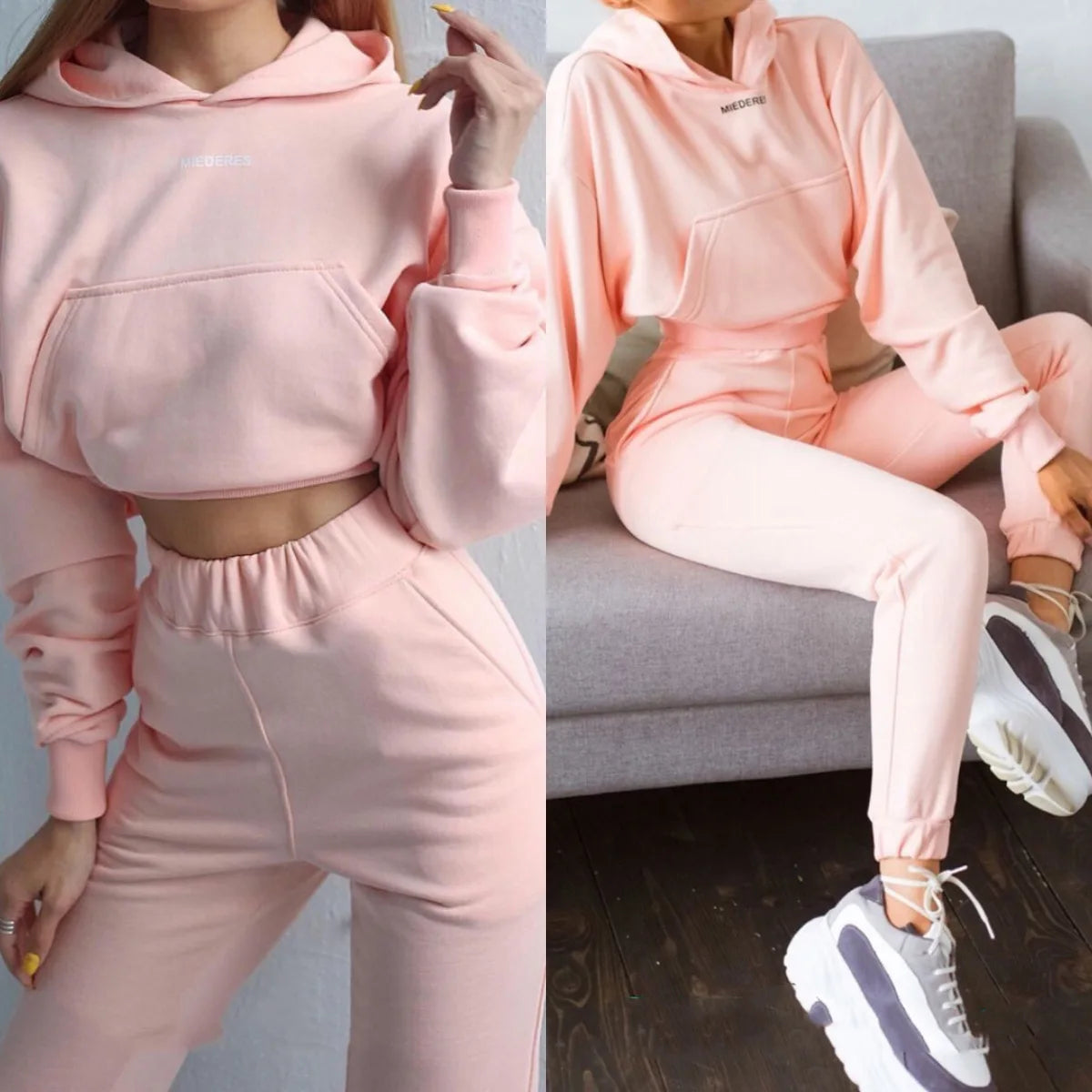 New Tracksuit Women Elegant Solid Suits Fleece Warm Hoodies 2 Piece Set Autumn Winter Fashion Oversized Sweatshirts Tracksuit
