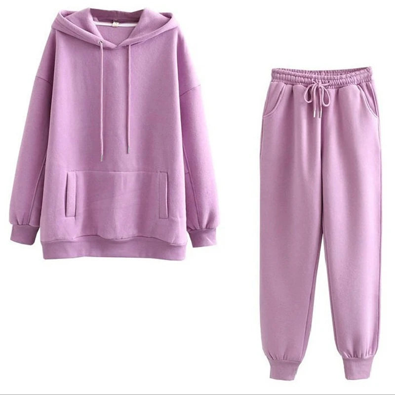 New Tracksuit Women Elegant Solid Suits Fleece Warm Hoodies 2 Piece Set Autumn Winter Fashion Oversized Sweatshirts Tracksuit