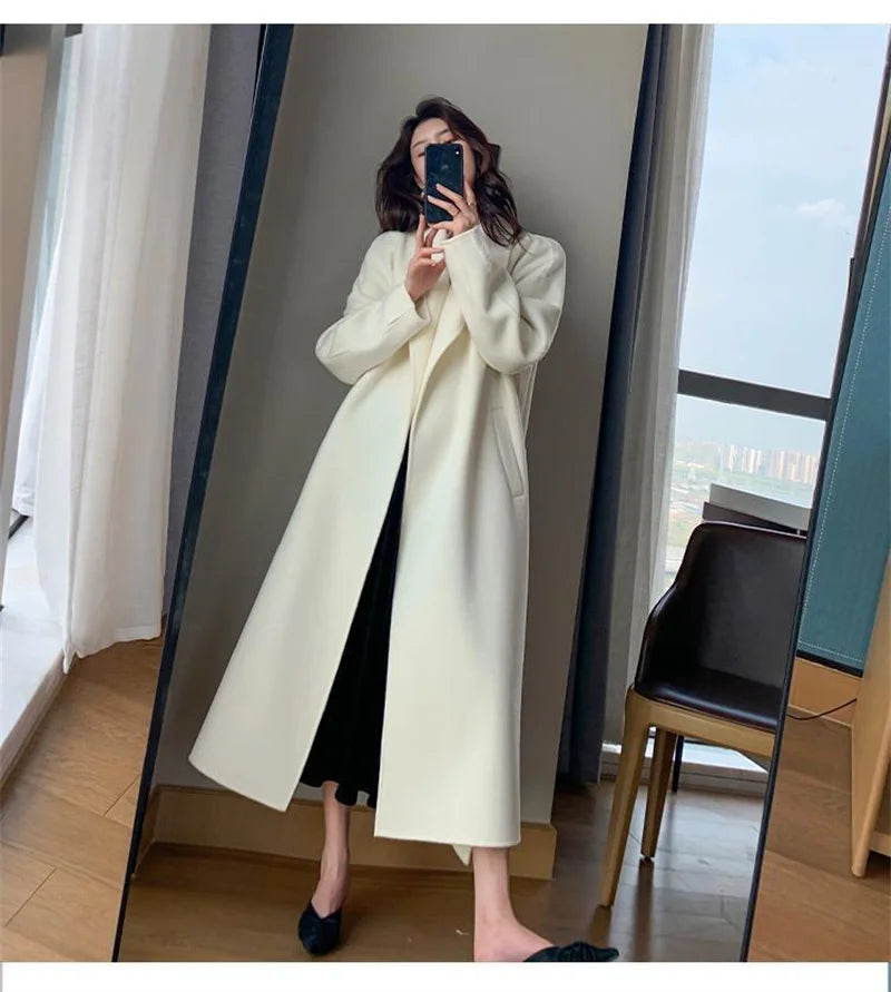 White Woolen Coat Women Autumn And Winter High-End Fashion Temperament Long Thick Blended Wool Windbreaker Female Jacket Belt 99