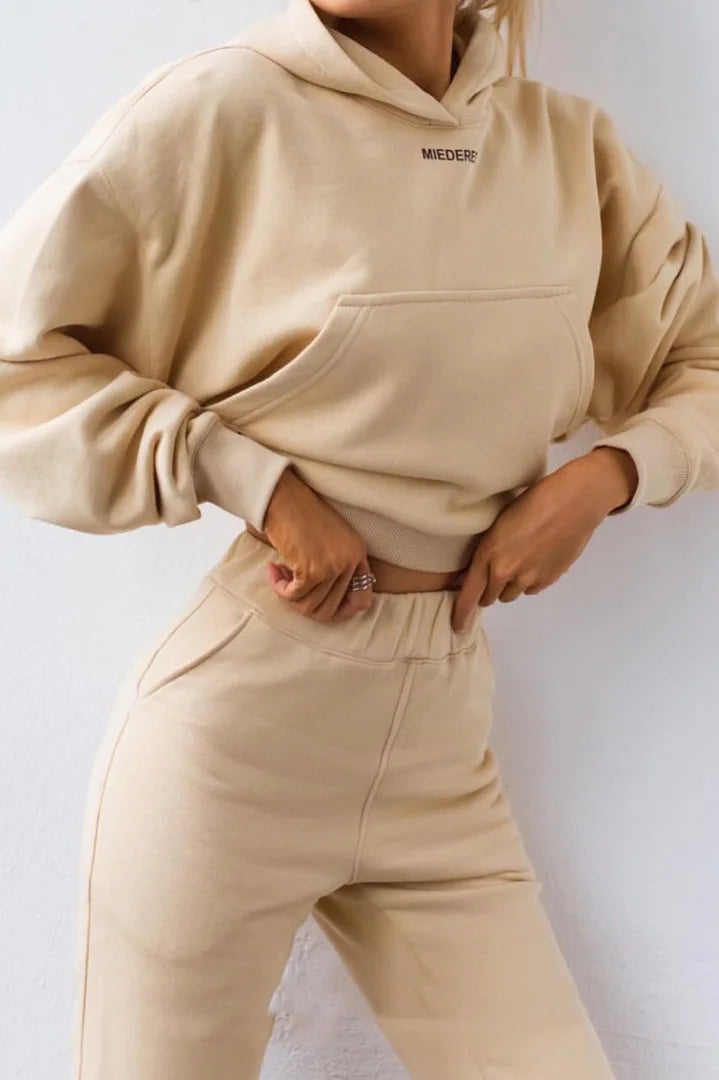 New Tracksuit Women Elegant Solid Suits Fleece Warm Hoodies 2 Piece Set Autumn Winter Fashion Oversized Sweatshirts Tracksuit