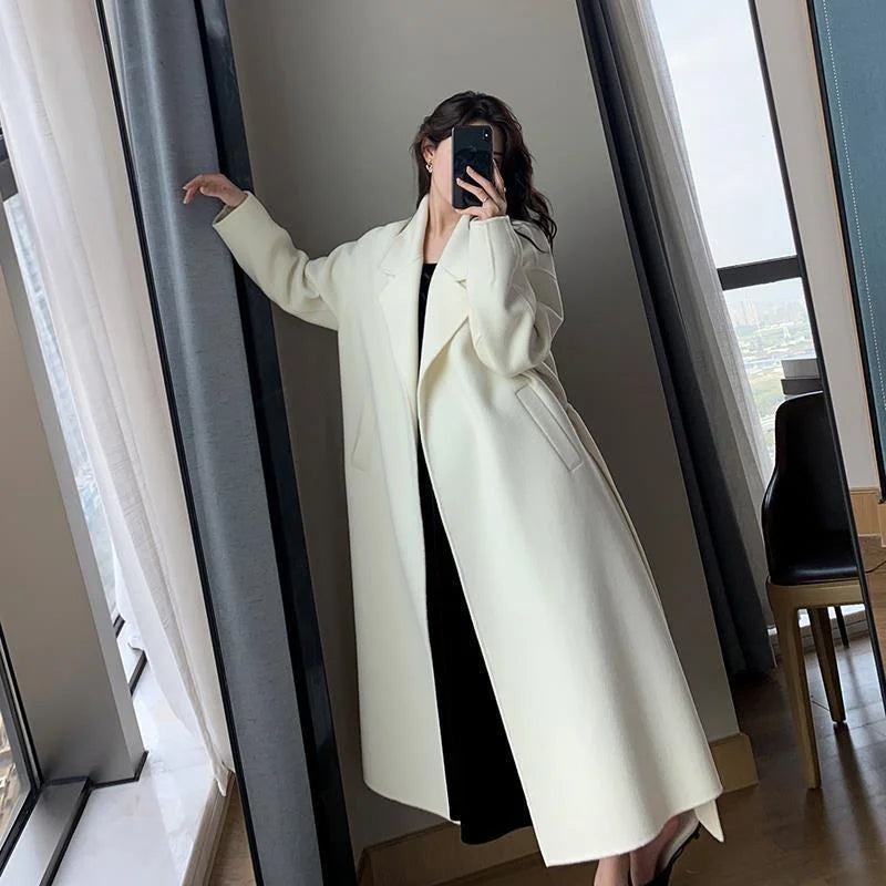White Woolen Coat Women Autumn And Winter High-End Fashion Temperament Long Thick Blended Wool Windbreaker Female Jacket Belt 99