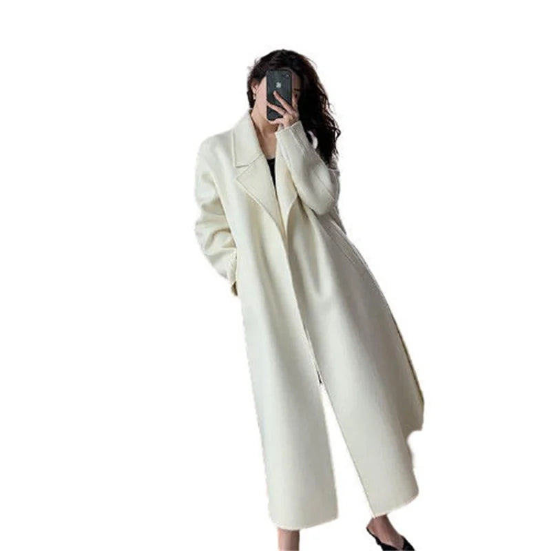 White Woolen Coat Women Autumn And Winter High-End Fashion Temperament Long Thick Blended Wool Windbreaker Female Jacket Belt 99