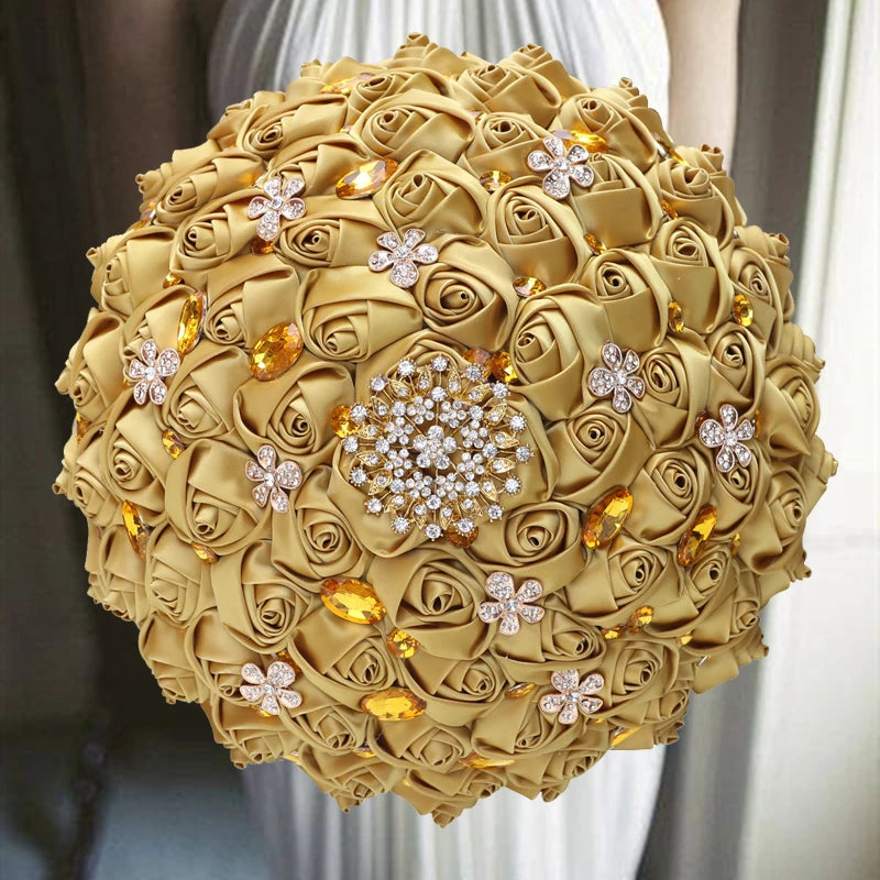 1pc/lot Gold Bridal Wedding Bouquet  Satin Rose Artificial Flowers Wedding Bouquet de novia On Sale