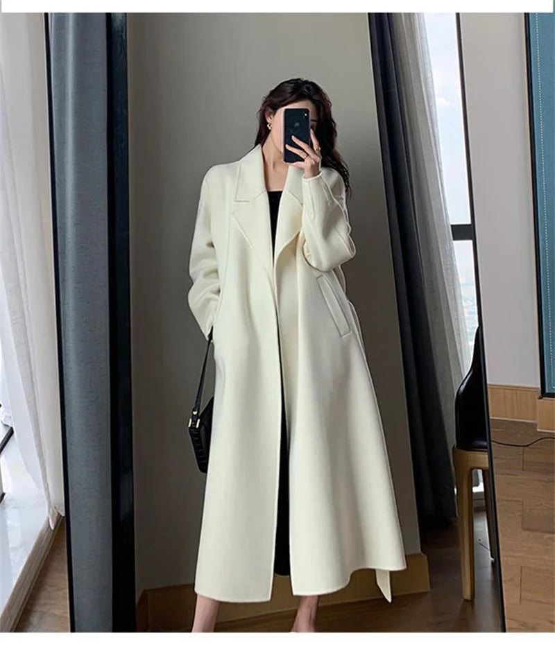 White Woolen Coat Women Autumn And Winter High-End Fashion Temperament Long Thick Blended Wool Windbreaker Female Jacket Belt 99