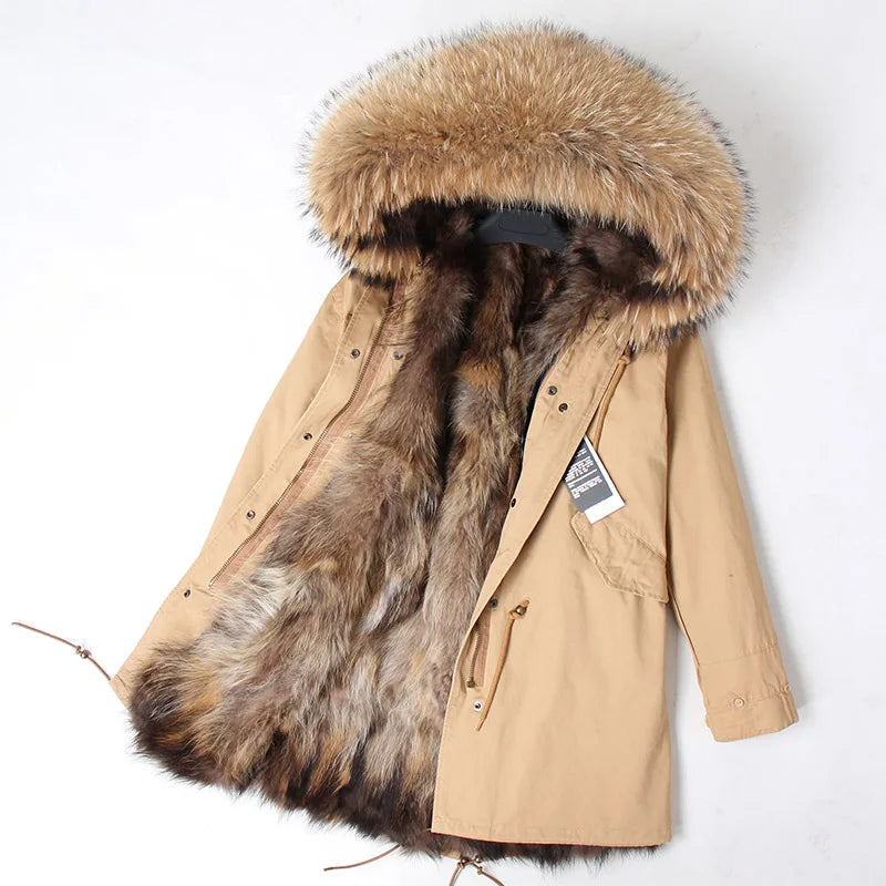 2024 MAOMAOKONG Natural Raccoon Fur Collar Winter Coat Remove Liner Slim Jacket Fur Coat Woman Parkas Female Clothes