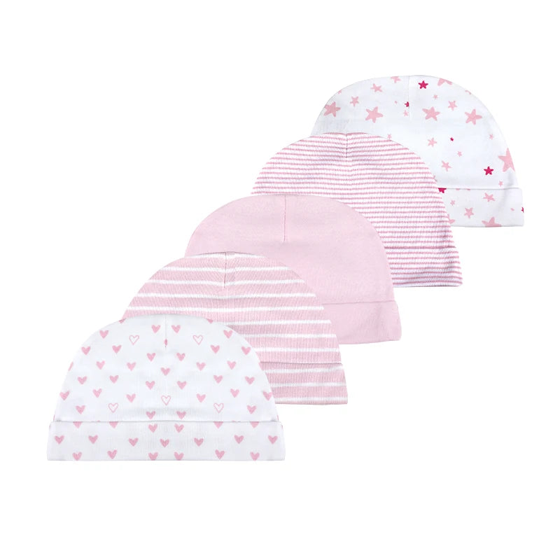 5Pieces Newborn Baby Boy Hats Cartoon Print 100%Cotton Baby Girls Hats 0-6Months Soft Solid Color Infant Accessories