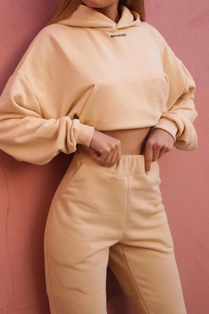 New Tracksuit Women Elegant Solid Suits Fleece Warm Hoodies 2 Piece Set Autumn Winter Fashion Oversized Sweatshirts Tracksuit