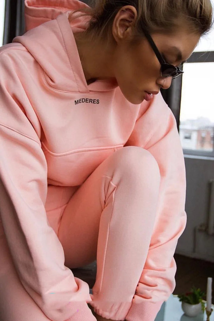 New Tracksuit Women Elegant Solid Suits Fleece Warm Hoodies 2 Piece Set Autumn Winter Fashion Oversized Sweatshirts Tracksuit