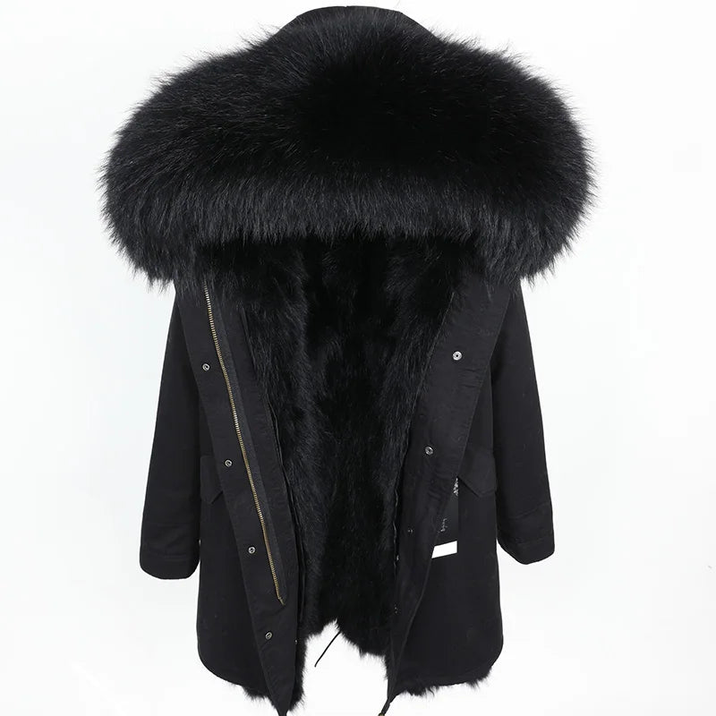 2024 MAOMAOKONG Natural Raccoon Fur Collar Winter Coat Remove Liner Slim Jacket Fur Coat Woman Parkas Female Clothes