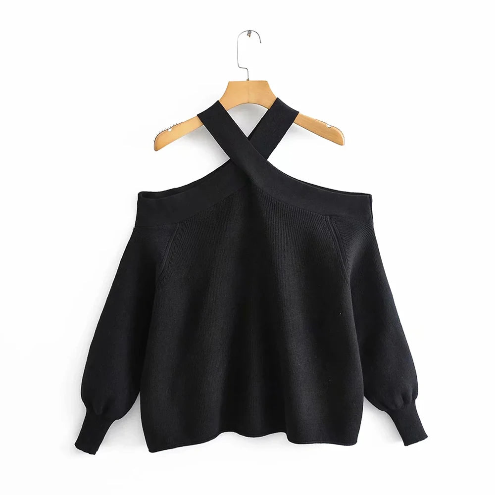 Oversize women cross halter sweaters 2021 spring fashion ladies elegant knitted pullovers female knitwear soft girls chic tops