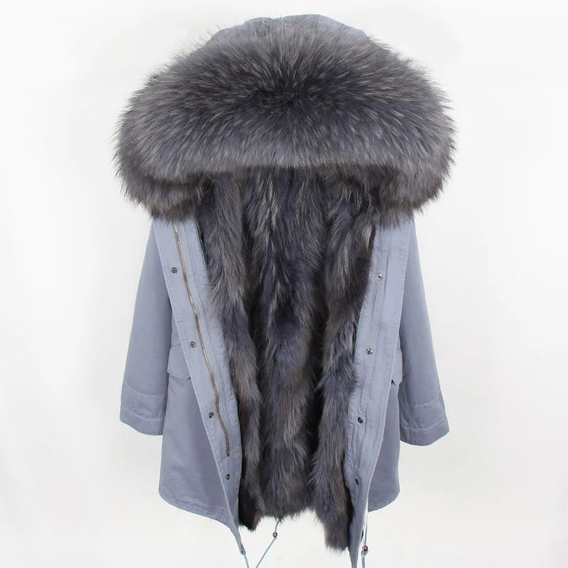 2024 MAOMAOKONG Natural Raccoon Fur Collar Winter Coat Remove Liner Slim Jacket Fur Coat Woman Parkas Female Clothes