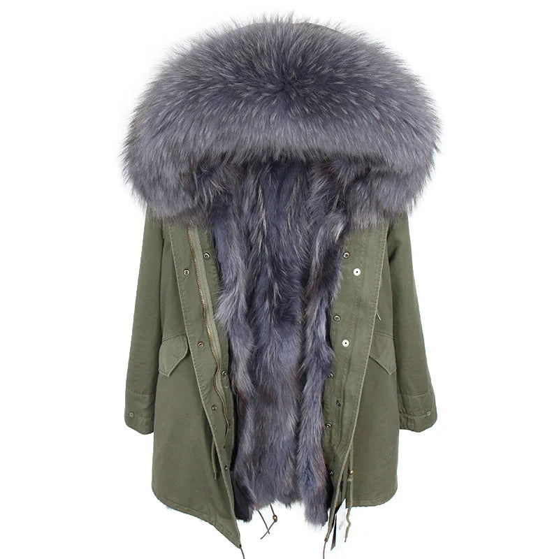 2024 MAOMAOKONG Natural Raccoon Fur Collar Winter Coat Remove Liner Slim Jacket Fur Coat Woman Parkas Female Clothes