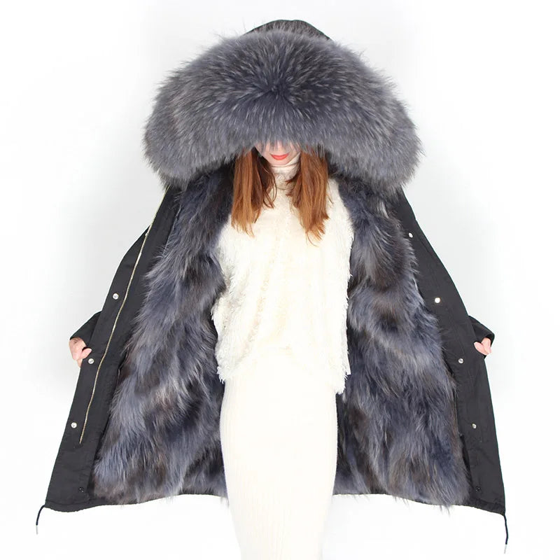 2024 MAOMAOKONG Natural Raccoon Fur Collar Winter Coat Remove Liner Slim Jacket Fur Coat Woman Parkas Female Clothes