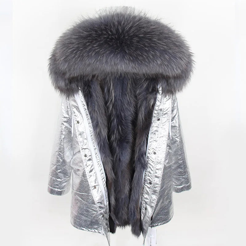 2024 MAOMAOKONG Natural Raccoon Fur Collar Winter Coat Remove Liner Slim Jacket Fur Coat Woman Parkas Female Clothes