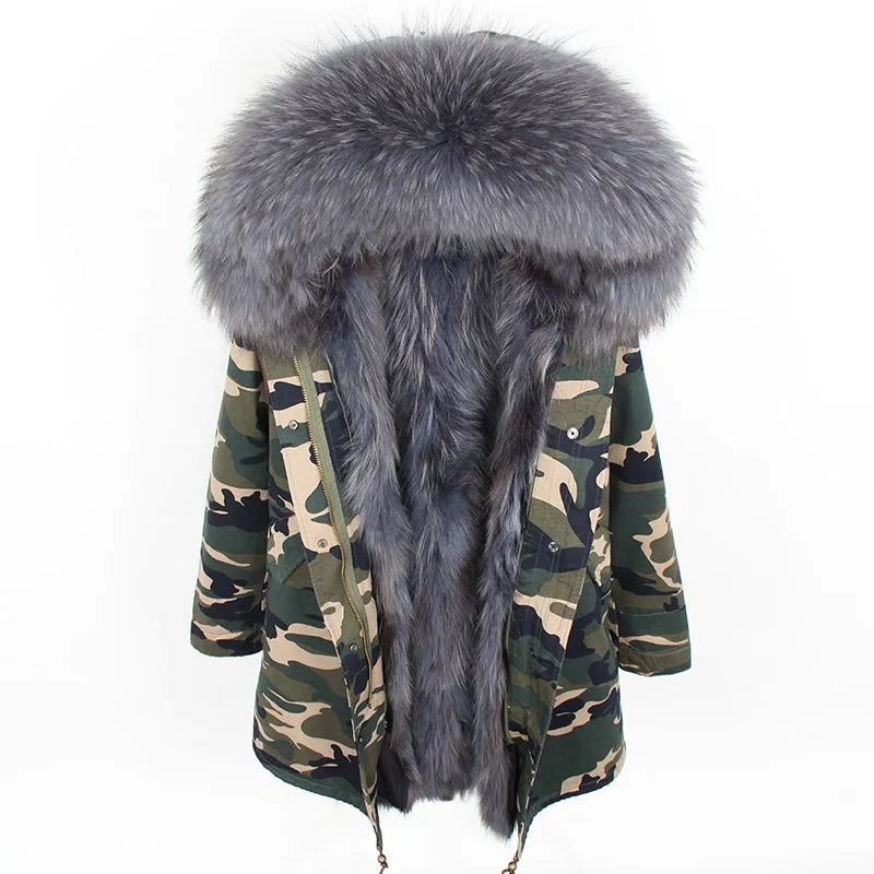 2024 MAOMAOKONG Natural Raccoon Fur Collar Winter Coat Remove Liner Slim Jacket Fur Coat Woman Parkas Female Clothes