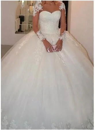 Muslim Appliqued Beaded Lace Puffy Ball Gown Cheap Customized White Ivory Long Sleeve Wedding Dress MWA215