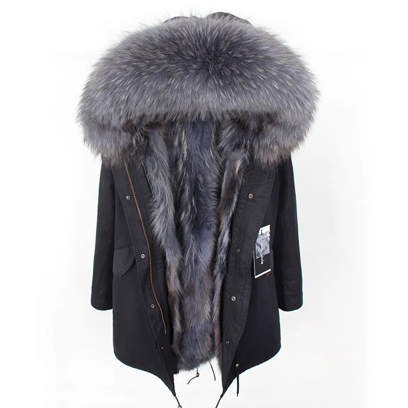 2024 MAOMAOKONG Natural Raccoon Fur Collar Winter Coat Remove Liner Slim Jacket Fur Coat Woman Parkas Female Clothes