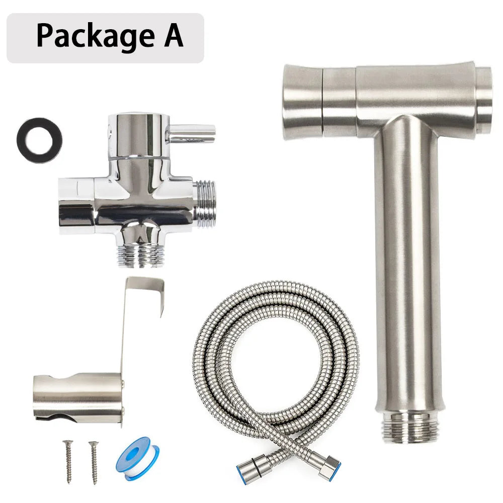One Key Press Double Function Bathroom Toilet Bidet Faucet Kit Stainless Steel Brushed Bidet Sprayer Set Mount On Tank Or Wall
