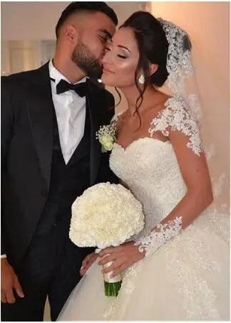 Muslim Appliqued Beaded Lace Puffy Ball Gown Cheap Customized White Ivory Long Sleeve Wedding Dress MWA215