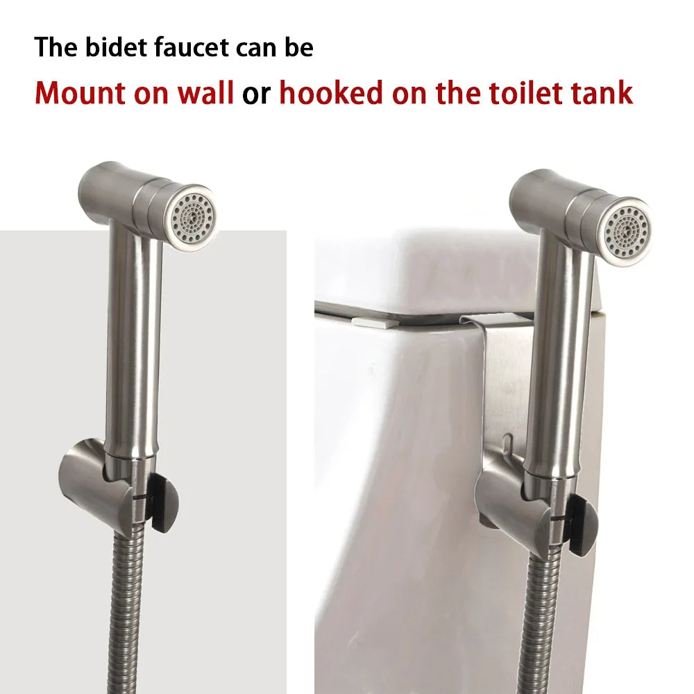 One Key Press Double Function Bathroom Toilet Bidet Faucet Kit Stainless Steel Brushed Bidet Sprayer Set Mount On Tank Or Wall