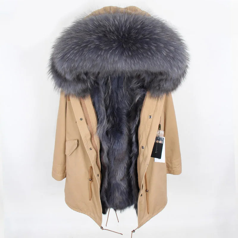 2024 MAOMAOKONG Natural Raccoon Fur Collar Winter Coat Remove Liner Slim Jacket Fur Coat Woman Parkas Female Clothes