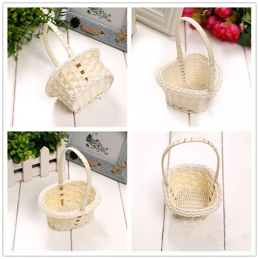 White Flower Basket Weaving Wedding Baskets For Flowers Bride/Kids Hand Held Wedding Basket Cosmetics Organizer Basket