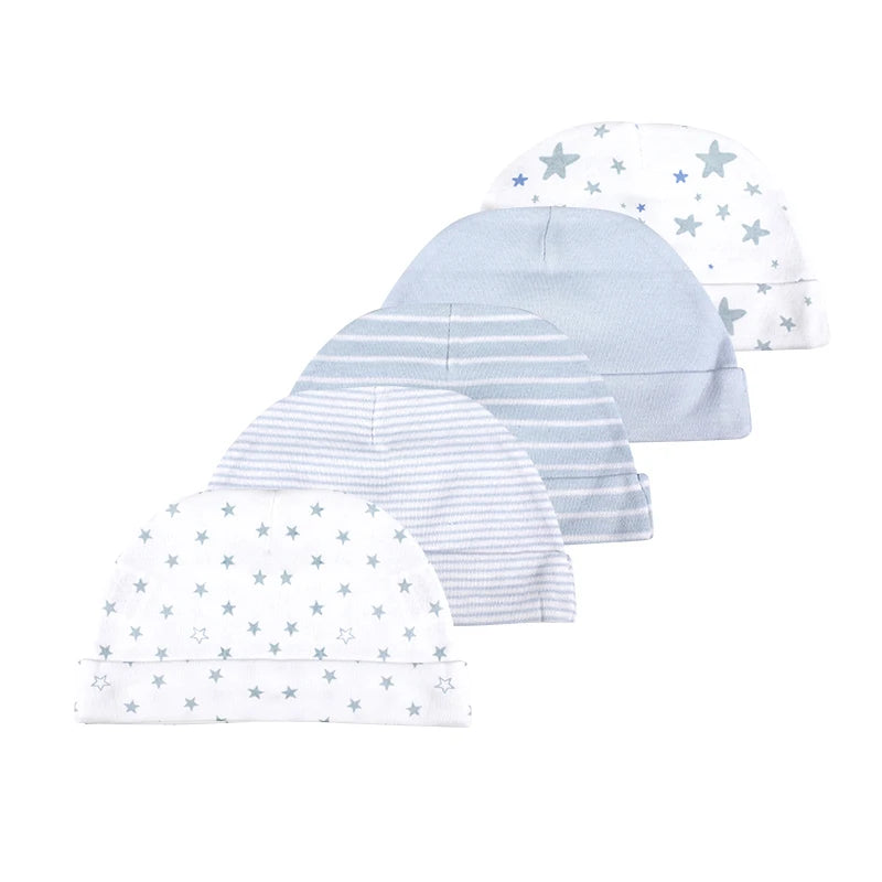 5Pieces Newborn Baby Boy Hats Cartoon Print 100%Cotton Baby Girls Hats 0-6Months Soft Solid Color Infant Accessories