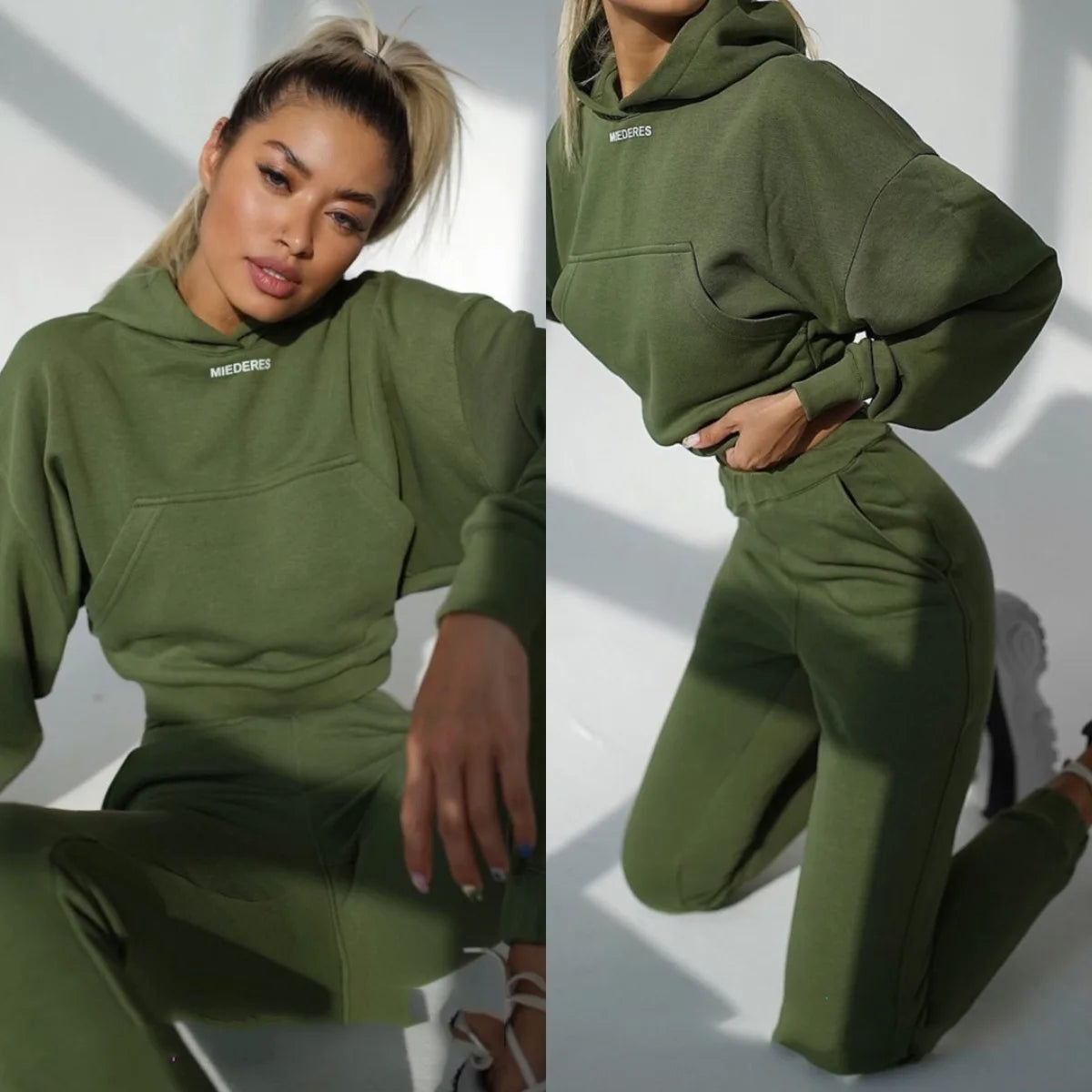 New Tracksuit Women Elegant Solid Suits Fleece Warm Hoodies 2 Piece Set Autumn Winter Fashion Oversized Sweatshirts Tracksuit