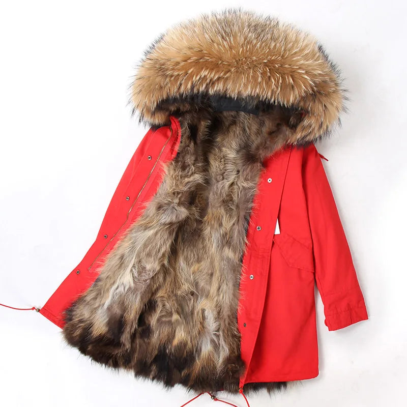 2024 MAOMAOKONG Natural Raccoon Fur Collar Winter Coat Remove Liner Slim Jacket Fur Coat Woman Parkas Female Clothes