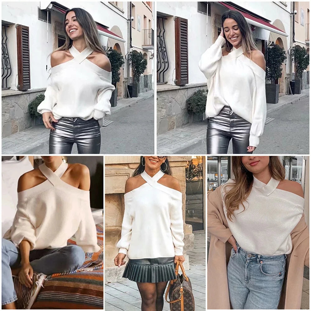 Oversize women cross halter sweaters 2021 spring fashion ladies elegant knitted pullovers female knitwear soft girls chic tops