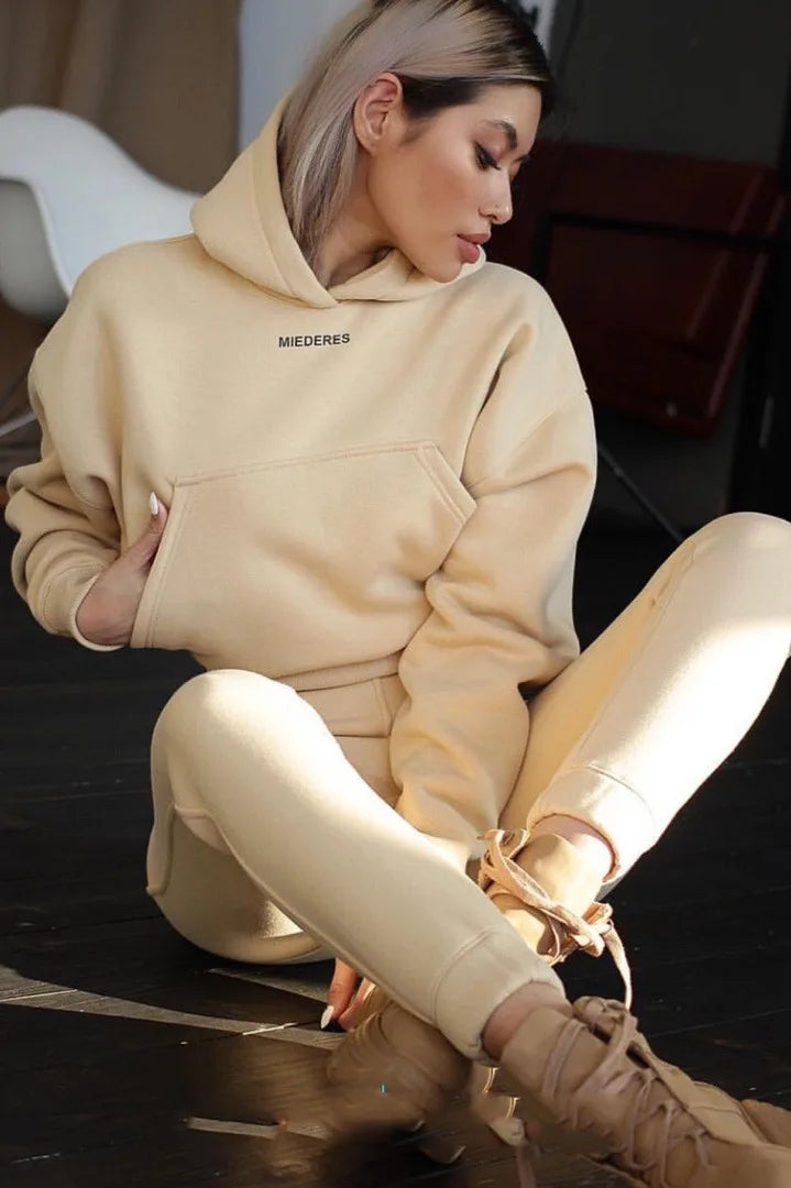 New Tracksuit Women Elegant Solid Suits Fleece Warm Hoodies 2 Piece Set Autumn Winter Fashion Oversized Sweatshirts Tracksuit