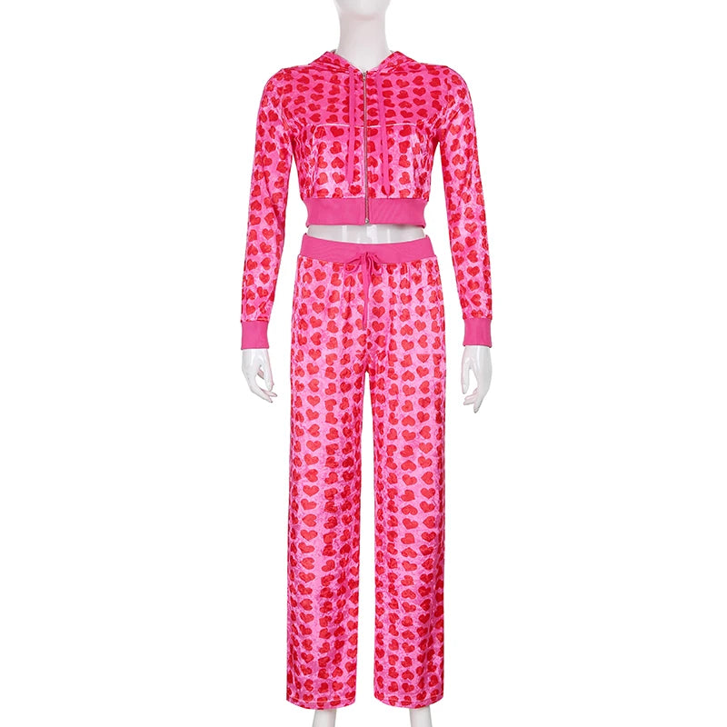 Y2K Heart Printed Pink Cute Crop Top Jacket Long Sleeve Autumn Velvet Coat Pocket Patchwork Baseball Jacket Harajuku Winter