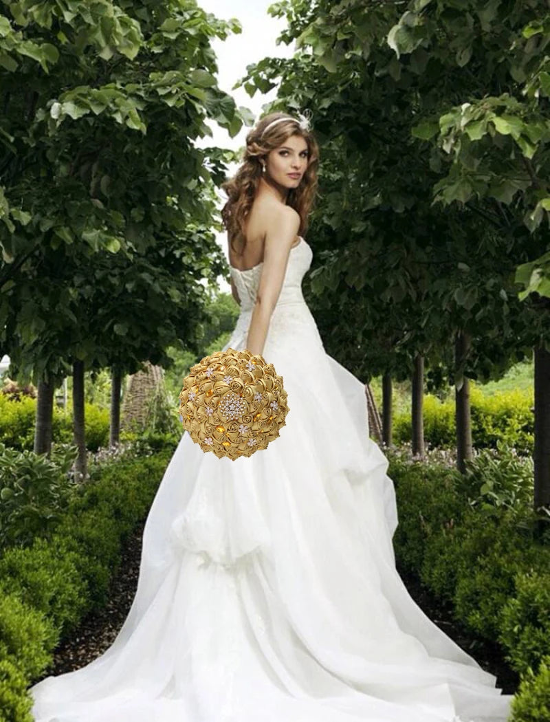 1pc/lot Gold Bridal Wedding Bouquet  Satin Rose Artificial Flowers Wedding Bouquet de novia On Sale