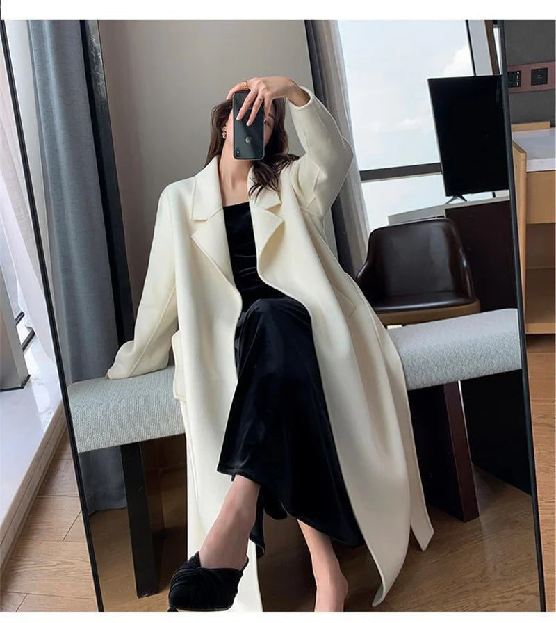 White Woolen Coat Women Autumn And Winter High-End Fashion Temperament Long Thick Blended Wool Windbreaker Female Jacket Belt 99