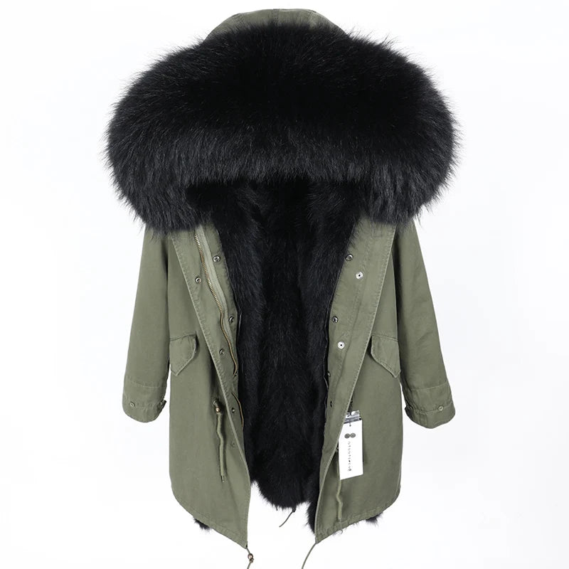 2024 MAOMAOKONG Natural Raccoon Fur Collar Winter Coat Remove Liner Slim Jacket Fur Coat Woman Parkas Female Clothes