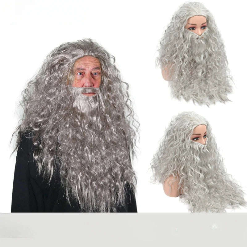 Halloween Mens Wizard cosplay wig grey hair wig and beard Dumbledore Gandalf role play Grey hair  Wizard costumes