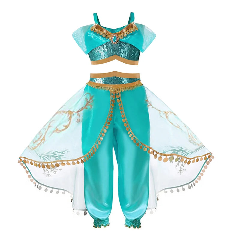 Baby Girls Cosplay Disney Jasmine Costume Aladdin Princess Dress Kids Magic Lamp Fancy Birthday Party Dresses Jasmine Clothes