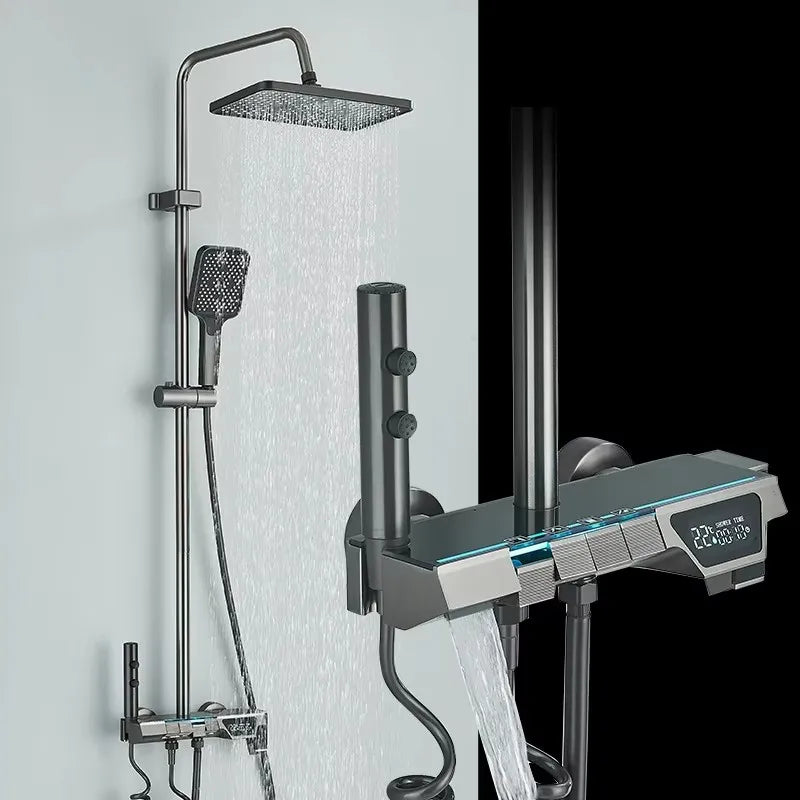 Gun Gray LCD Digital Shower Set  Bathroom Hot Cold Control Multi-angle Adjust Flushing  Shower System Wall Mounted