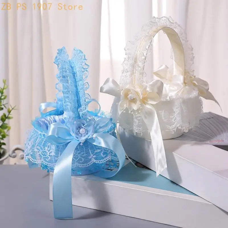 Wedding Flower Girl Basket with Lace Trim Handle Bowknot Flower Baskets for Wedding Ceremony Party Floral Arrangement 55KA