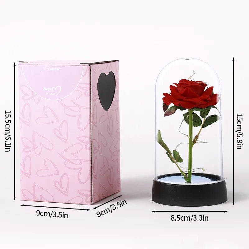 Eternal Red Rose Artificial Flowers with LED Light Creative Valentine's Day Gift Rose in Glass Cover Simulation Rose Flower