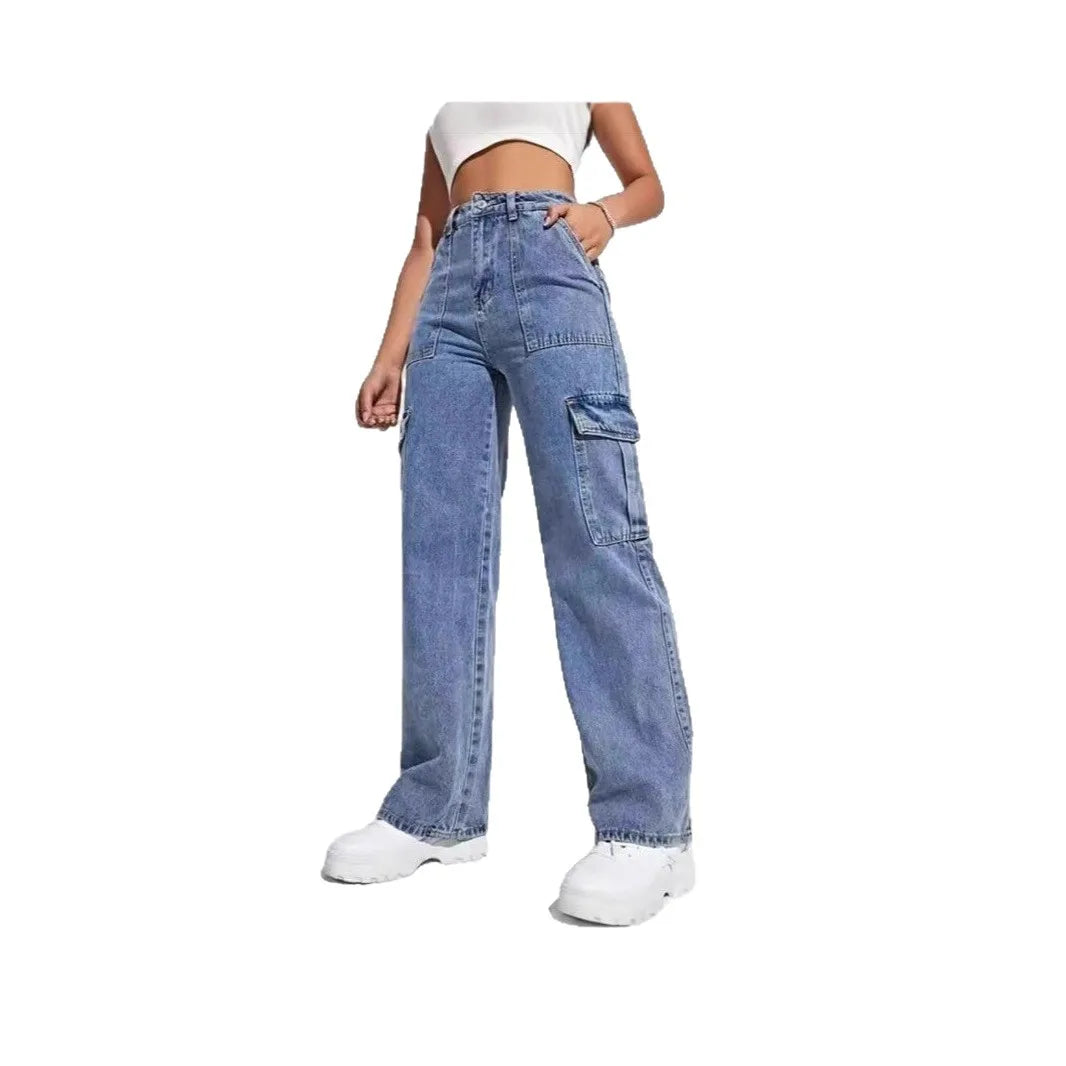 Trendy High Waist Women's Denim Work Pants Multiple Pockets Straight Leg High Street Fashion Casual Long Jeans