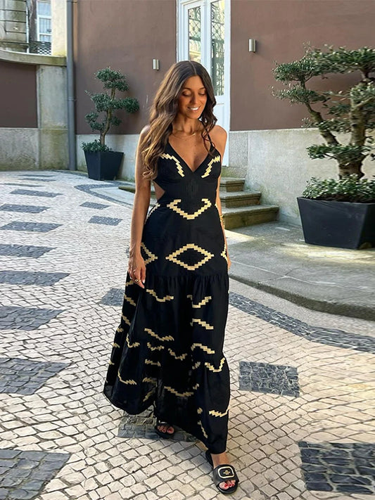 Women's Summer Sexy  Backless Street Casual Dress Women's Fashion Suspender V-neck Hem Slit Resort Style Dress Y2k 2025