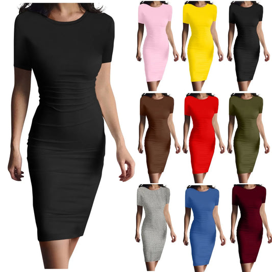 Fashion Women Short Sleeve Slim Fitting Dress Summer Solid Color Round Neck Elegant Dress Tight Robe Street Style Skinny Dress