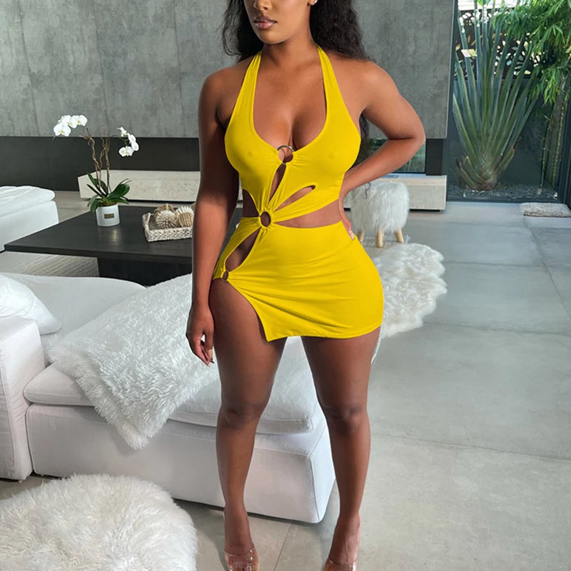 Summer Dresses Woman 2022 High Street Stretch Slim Hollow Sexy Mini Bodycon Dress Elegant Orange Sleeveless Club Party Sundress