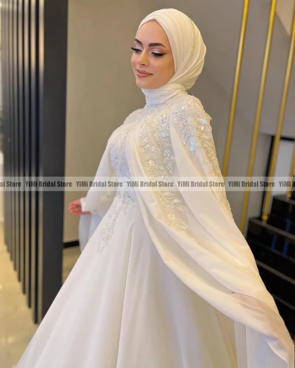 Muslim Wedding Dresses with Cape High Neck Long Sleeves Sweep Train Chiffon Sequined Beading Hijab Bride Bridal Gowns Customized