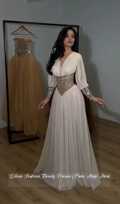 Custom Evening Gowns Crystal Appliqué Corset Long Sleeve Evening Gowns Formal Occasion Dresses Wedding Party Dresses